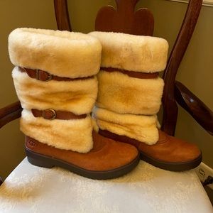 Ugg Australia chestnut Lilyan mid-calf shearling and leather boots with buckles
